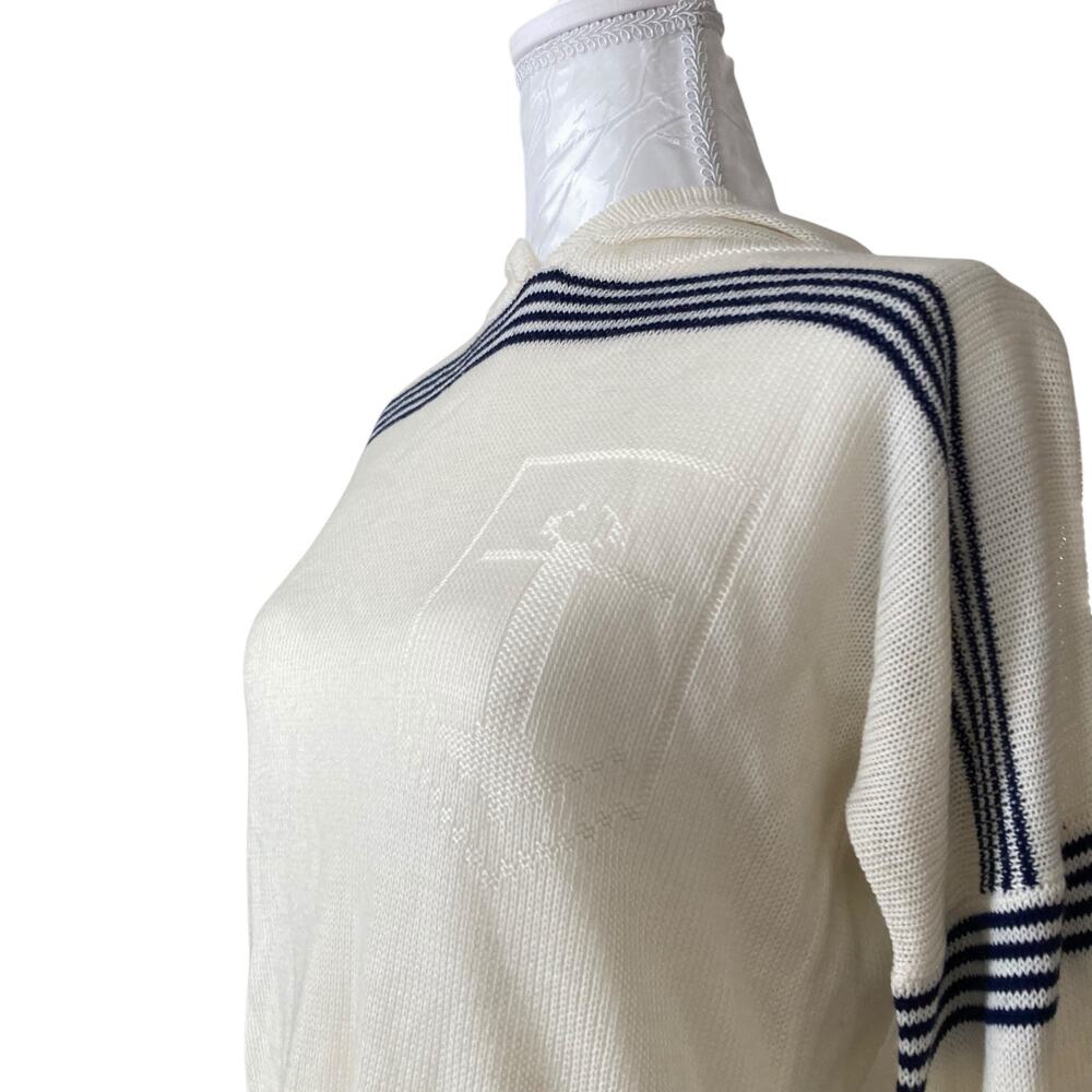 Vintage White Navy Stripe Knit Hoodie Sweater Embroidered Patch Womens Small - Picture 7 of 16